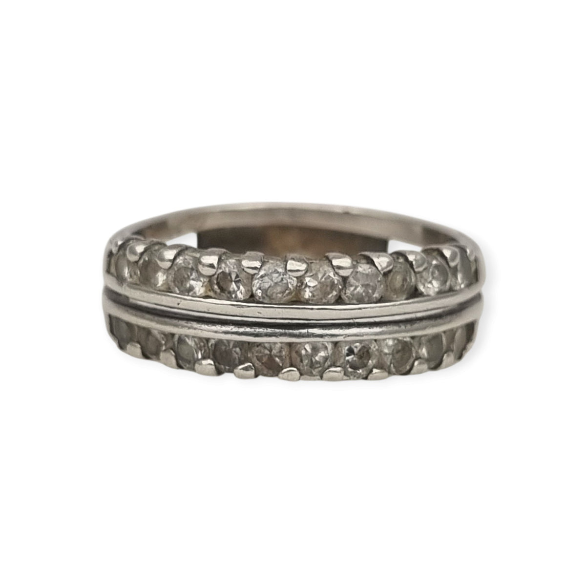 Anillo vintage de plata con doble hilera de piedras blancas, años 80-90
