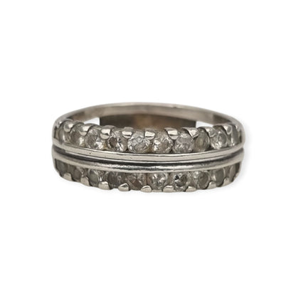 Anillo vintage de plata con doble hilera de piedras blancas, años 80-90
