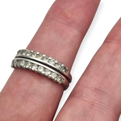 Anillo vintage de plata con doble hilera de piedras blancas, años 80-90