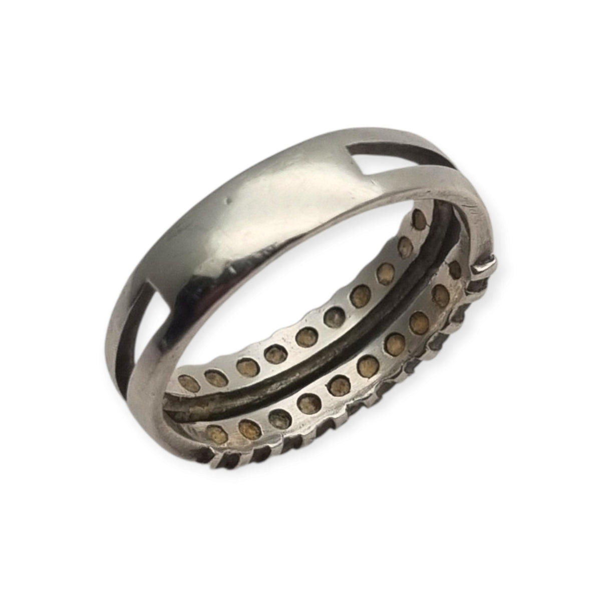 Anillo vintage de plata con doble hilera de piedras blancas, años 80-90