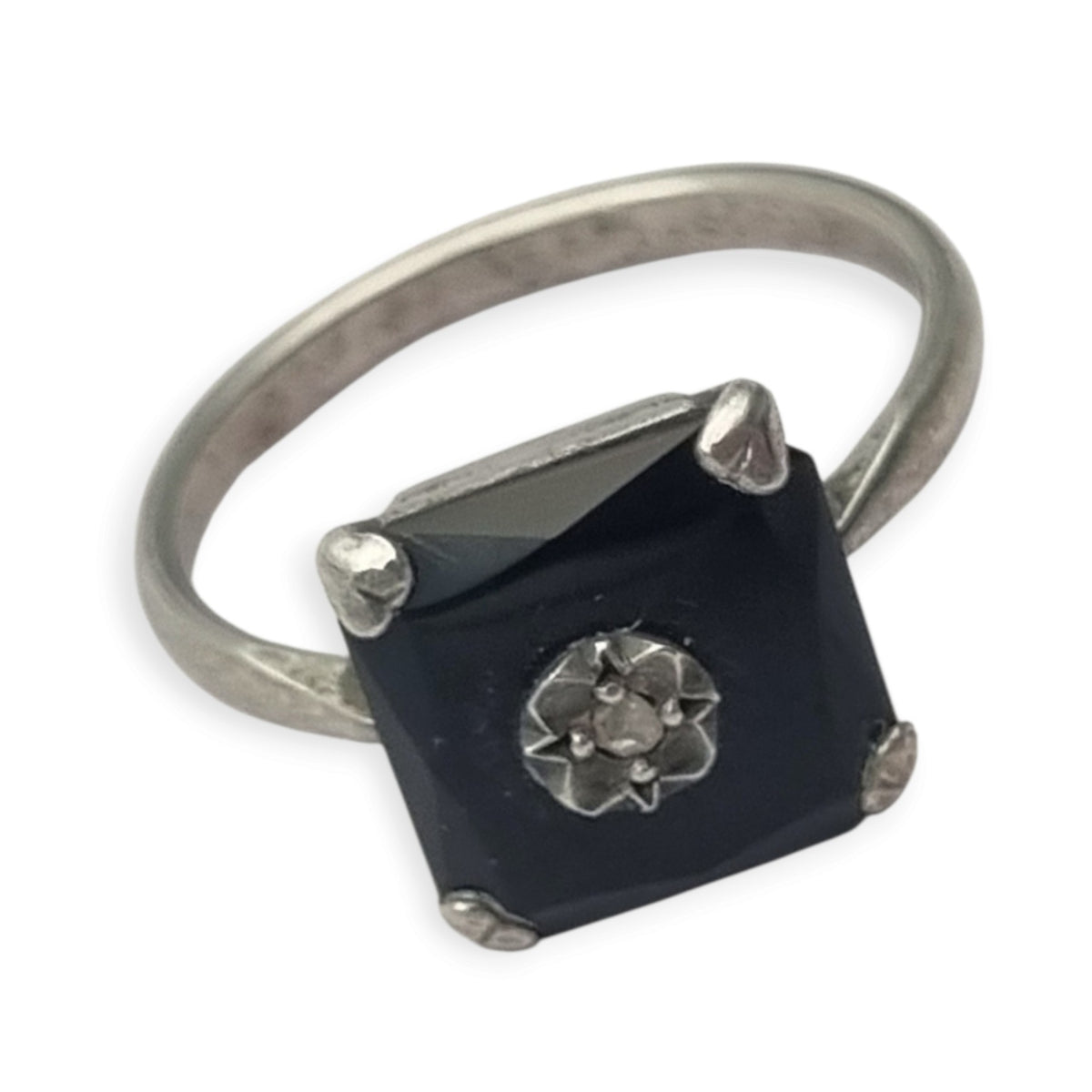 Anillo antiguo Art Déco de plata, ónix negro y topacio, circa 1920-1935