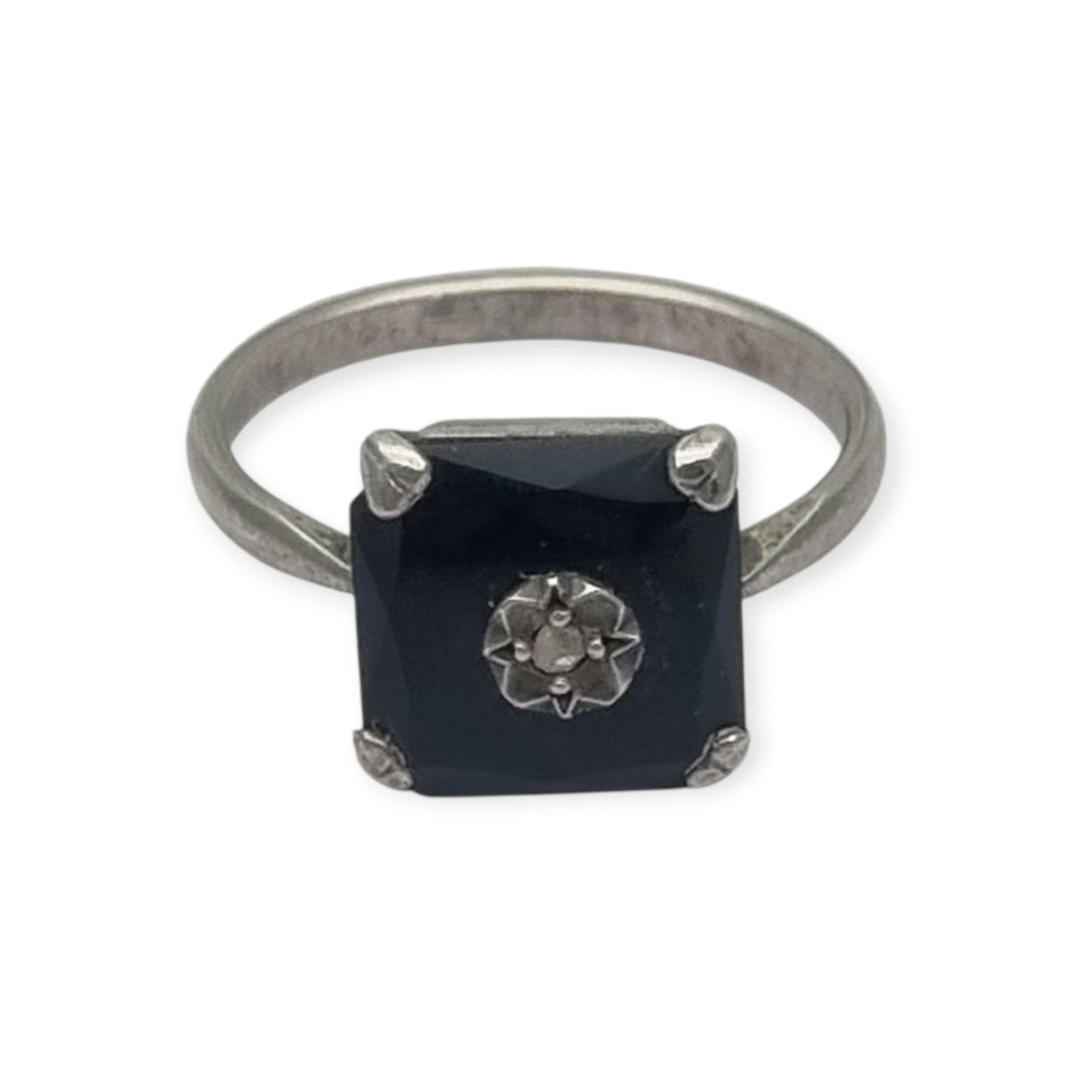 Anillo antiguo Art Déco de plata, ónix negro y topacio, circa 1920-1935