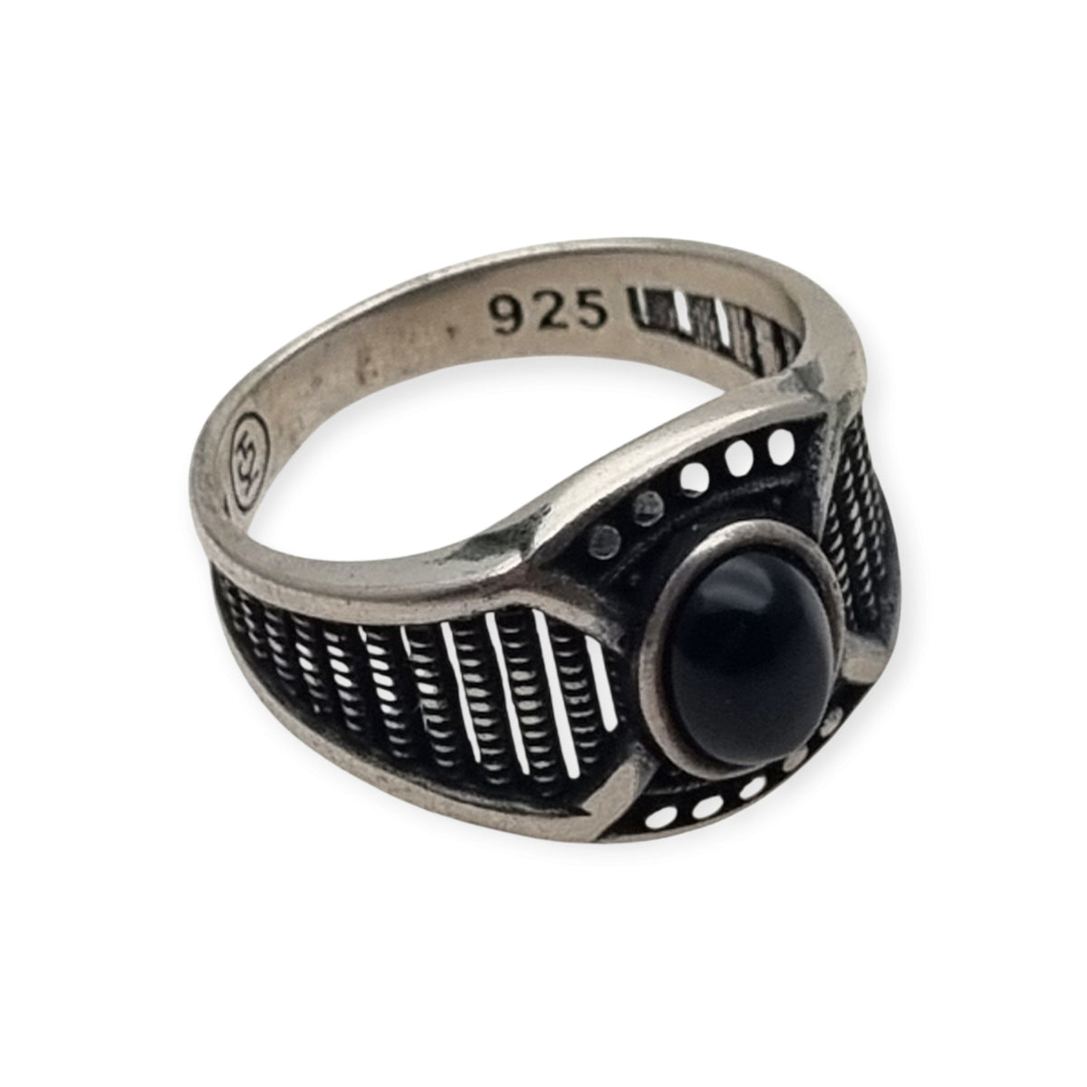 Anillo vintage boho de plata 925 y ónix negro, diseño geométrico calado, Europa, ca. 1990-2000