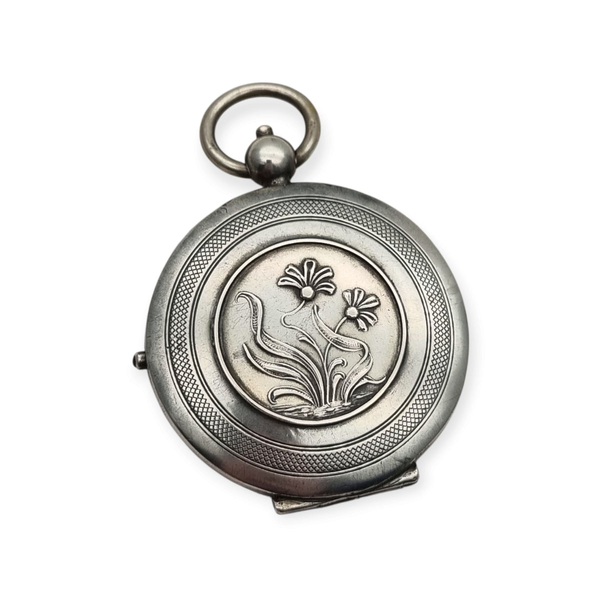 Antique Art Nouveau 800 silver locket with double photo frame, floral engraving, and pink stone, ca. 1900