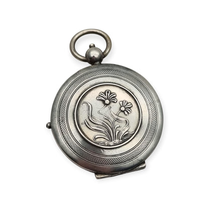 Antique Art Nouveau 800 silver locket with double photo frame, floral engraving, and pink stone, ca. 1900