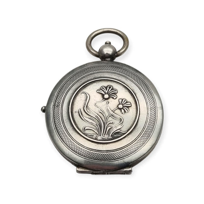 Antique Art Nouveau 800 silver locket with double photo frame, floral engraving, and pink stone, ca. 1900