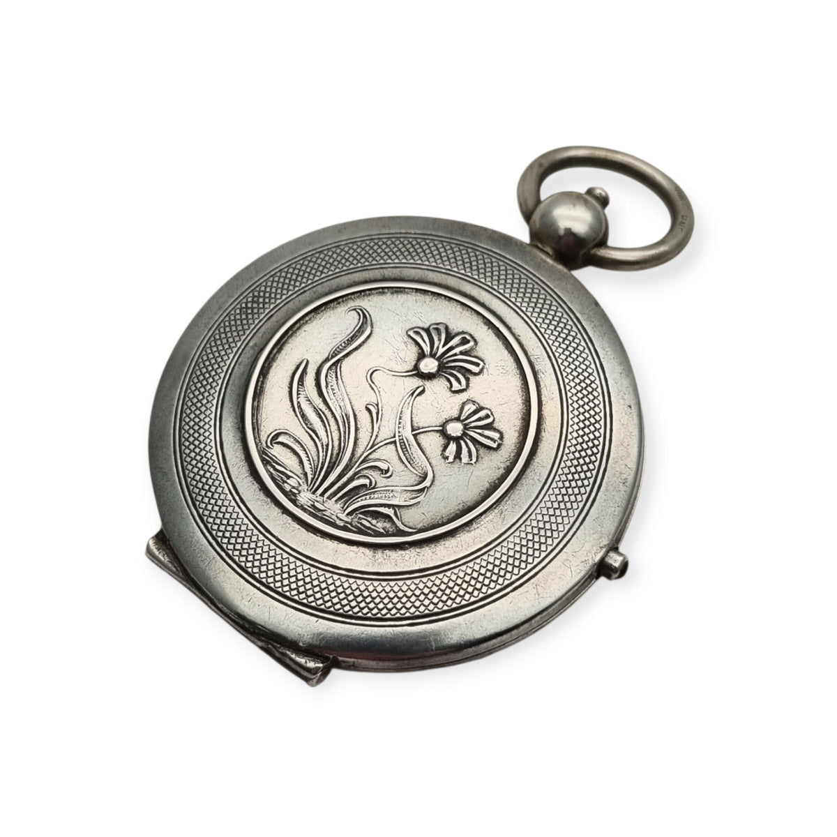 Antique Art Nouveau 800 silver locket with double photo frame, floral engraving, and pink stone, ca. 1900