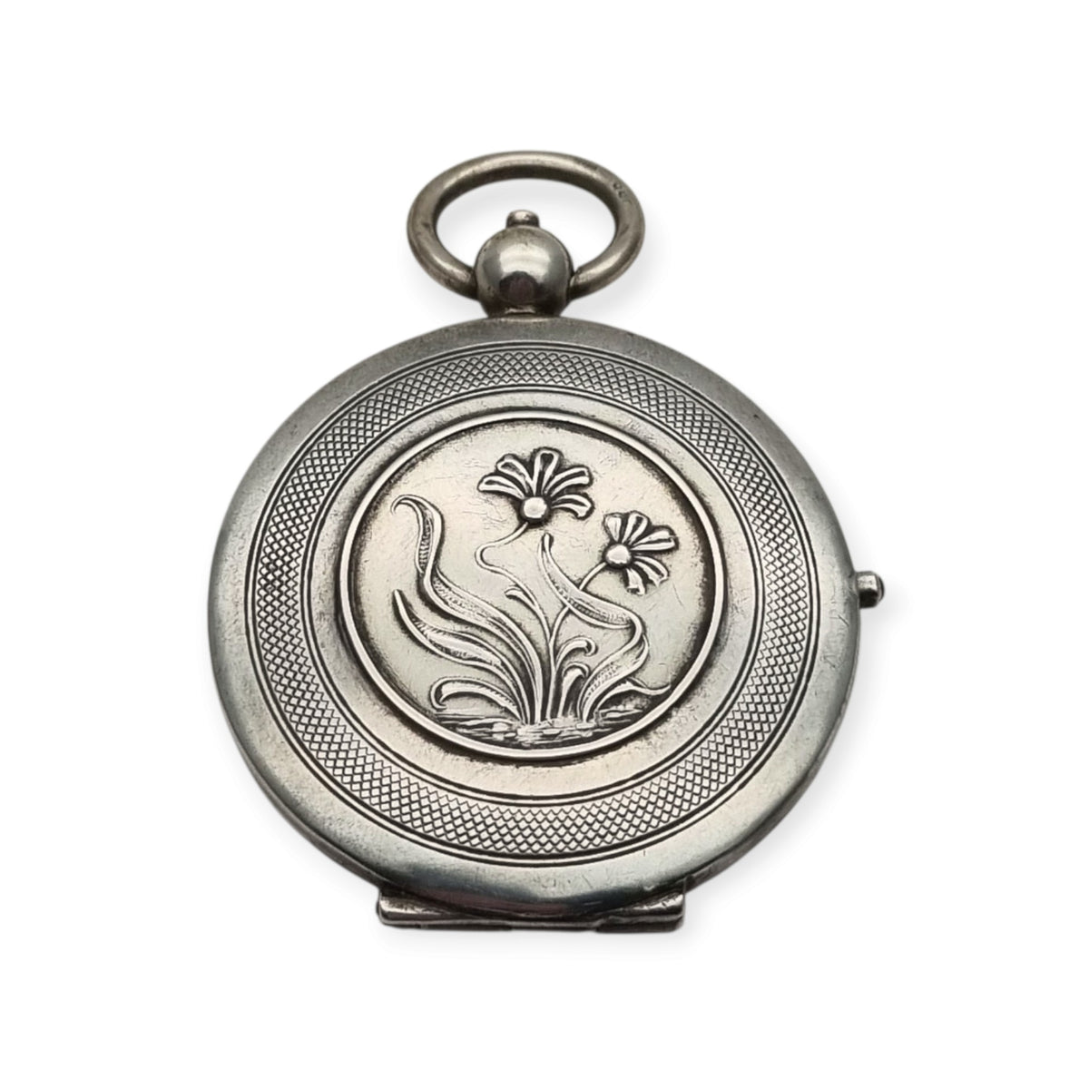 Antique Art Nouveau 800 silver locket with double photo frame, floral engraving, and pink stone, ca. 1900