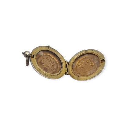 Antique Art Nouveau 800 silver locket with double photo frame, floral engraving, and pink stone, ca. 1900