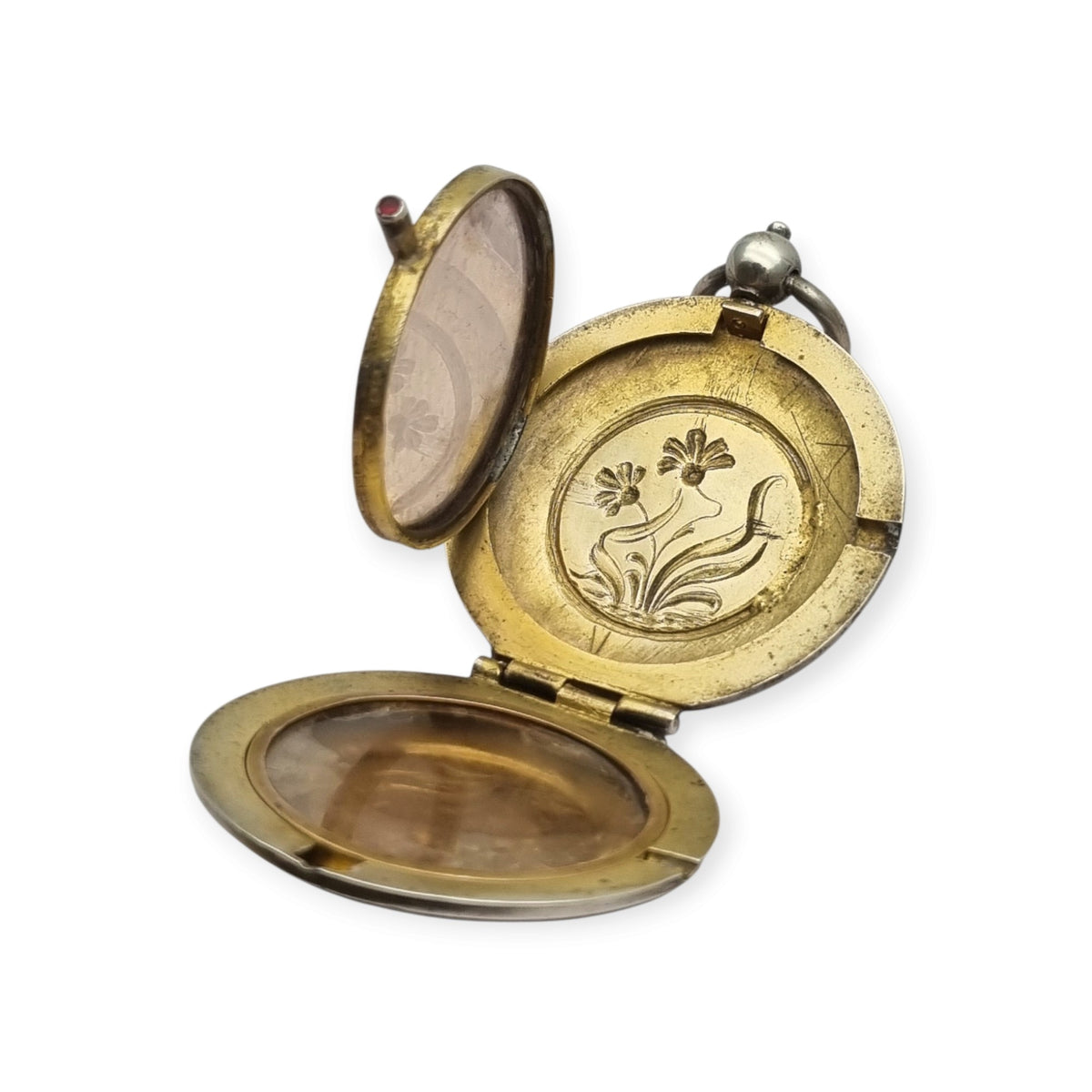 Antique Art Nouveau 800 silver locket with double photo frame, floral engraving, and pink stone, ca. 1900