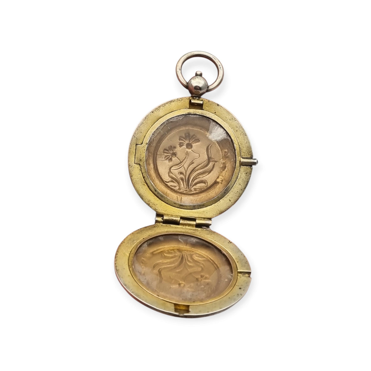 Antique Art Nouveau 800 silver locket with double photo frame, floral engraving, and pink stone, ca. 1900