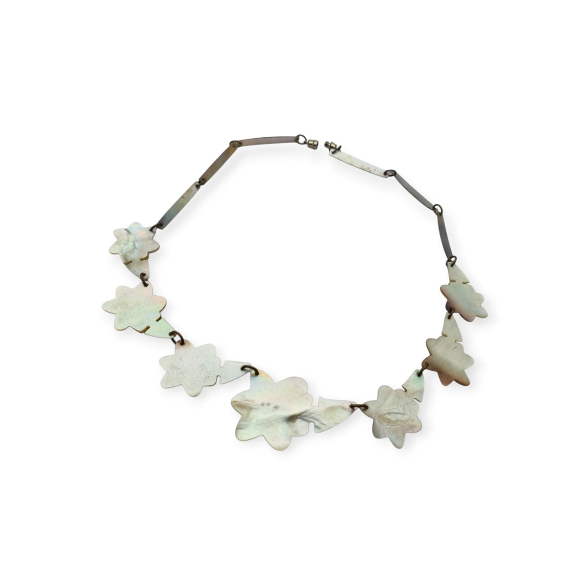 Vintage floral mother-of-pearl necklace, Mid-Century artisan jewelry, circa 1950-1970