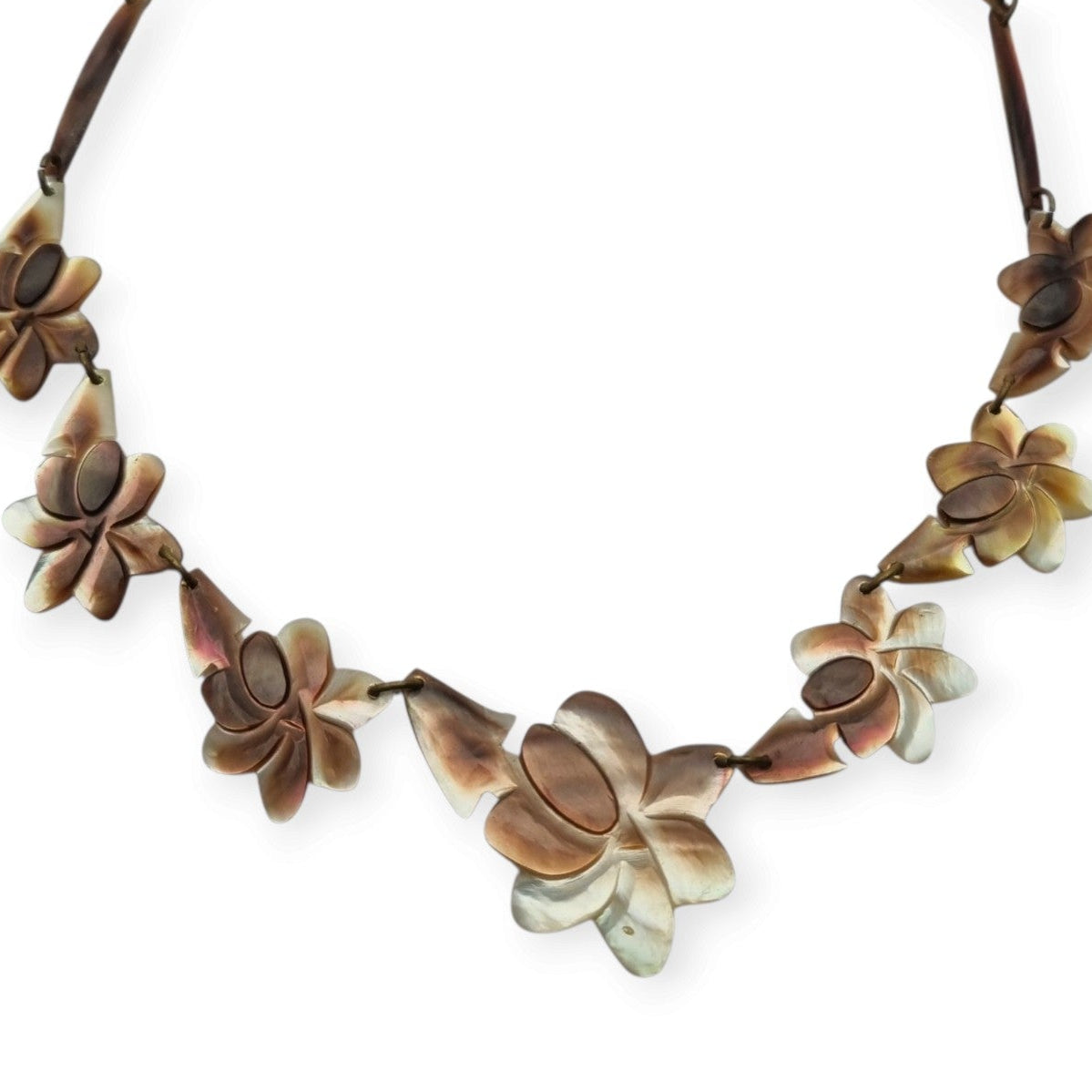 Vintage floral mother-of-pearl necklace, Mid-Century artisan jewelry, circa 1950-1970