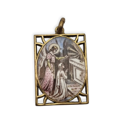 Medalla religiosa antigua esmaltada con Ángel de la Guarda, estilo Art Déco, circa 1920-1930