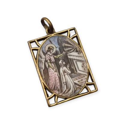Medalla religiosa antigua esmaltada con Ángel de la Guarda, estilo Art Déco, circa 1920-1930