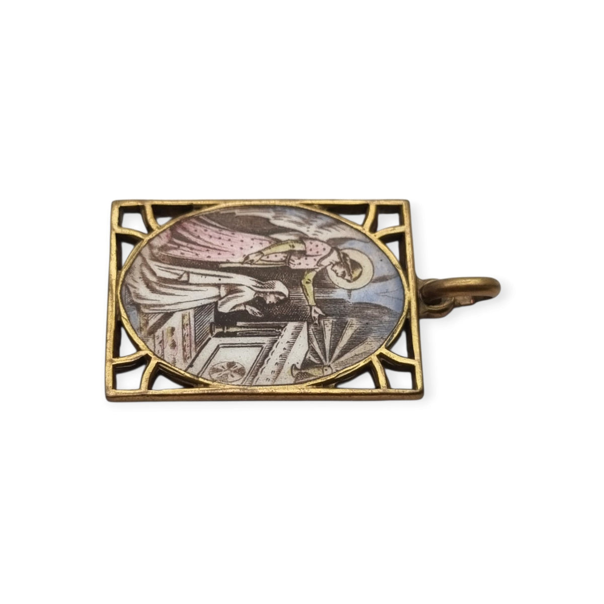 Medalla religiosa antigua esmaltada con Ángel de la Guarda, estilo Art Déco, circa 1920-1930