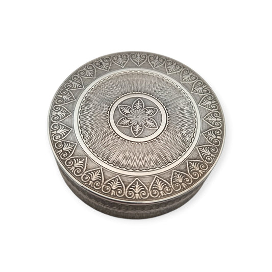 Caja Belle Epoque redonda francesa de plata guilloché de Albert Deflon, París, 1907–1920