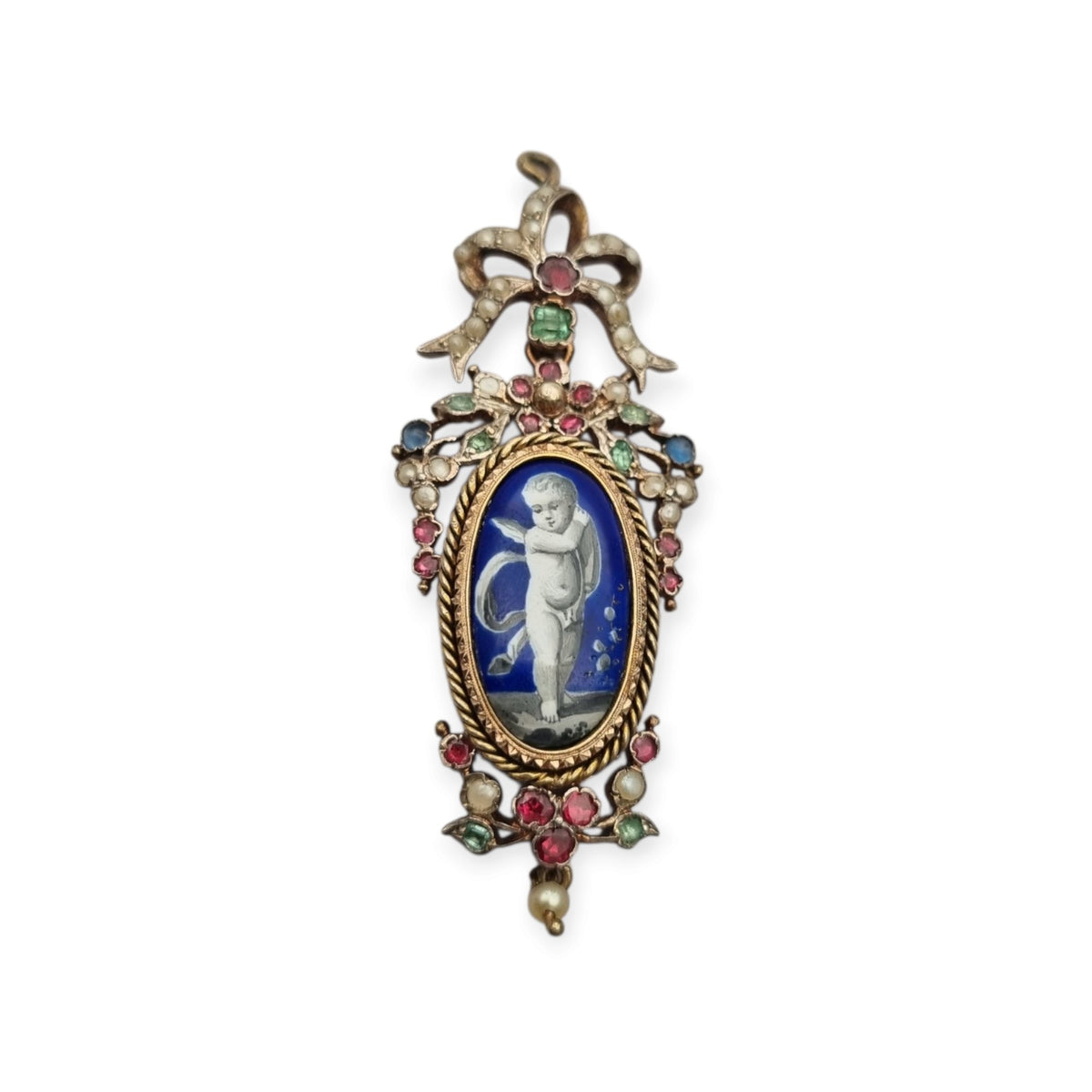 Colgante antiguo de querubín alado en Plata Dorada con Esmalte, Perlas y Gemas, ca. 1870–1890