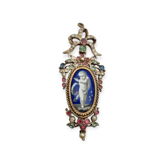 Colgante antiguo de querubín alado en Plata Dorada con Esmalte, Perlas y Gemas, ca. 1870–1890