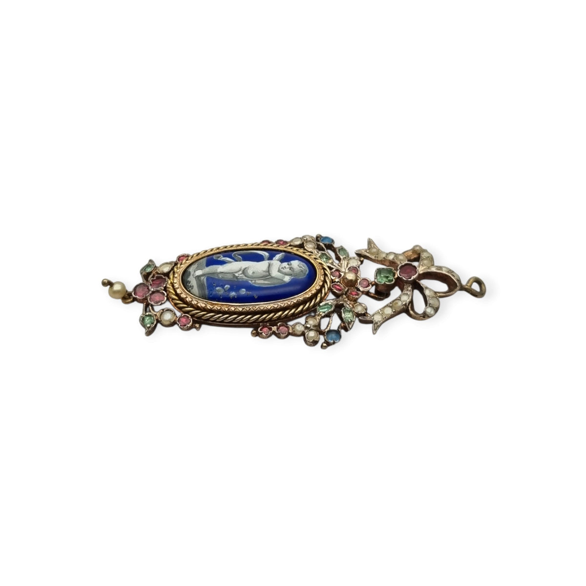 Colgante antiguo de querubín alado en Plata Dorada con Esmalte, Perlas y Gemas, ca. 1870–1890