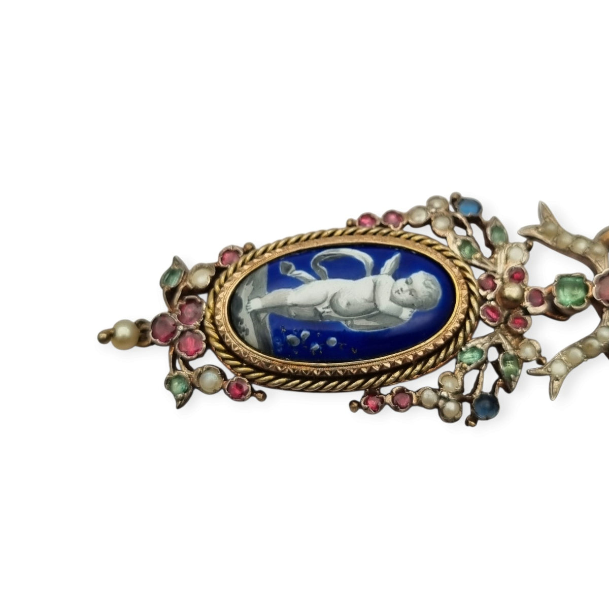 Colgante antiguo de querubín alado en Plata Dorada con Esmalte, Perlas y Gemas, ca. 1870–1890
