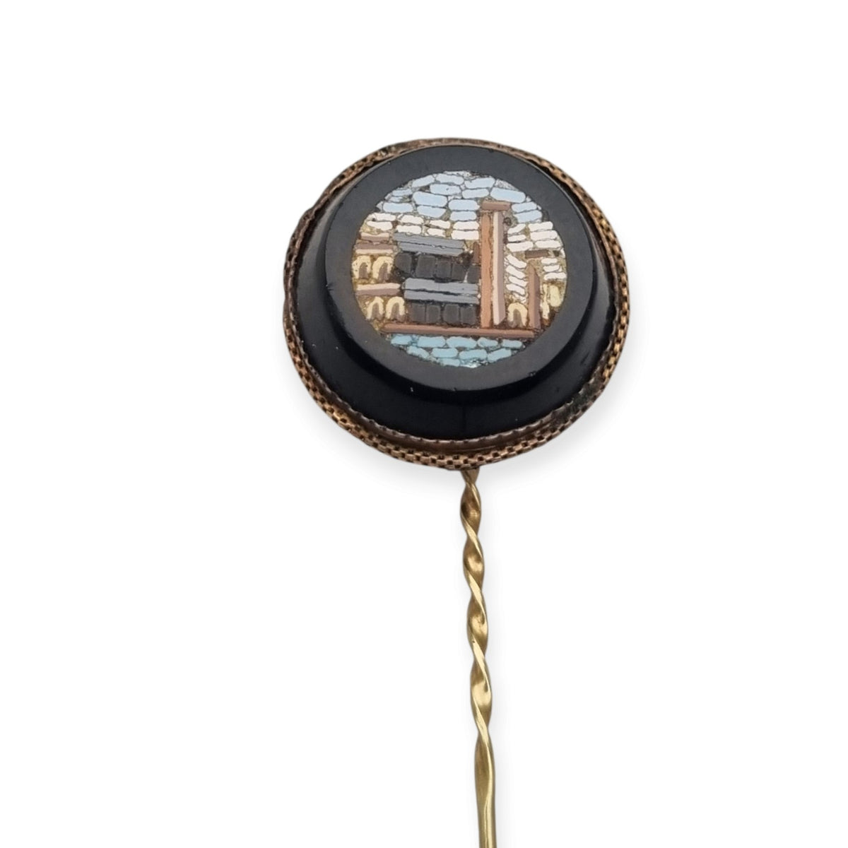 Antique Italian Grand Tour Micro-mosaic Pin on Black Glass, ca. 1880–1910