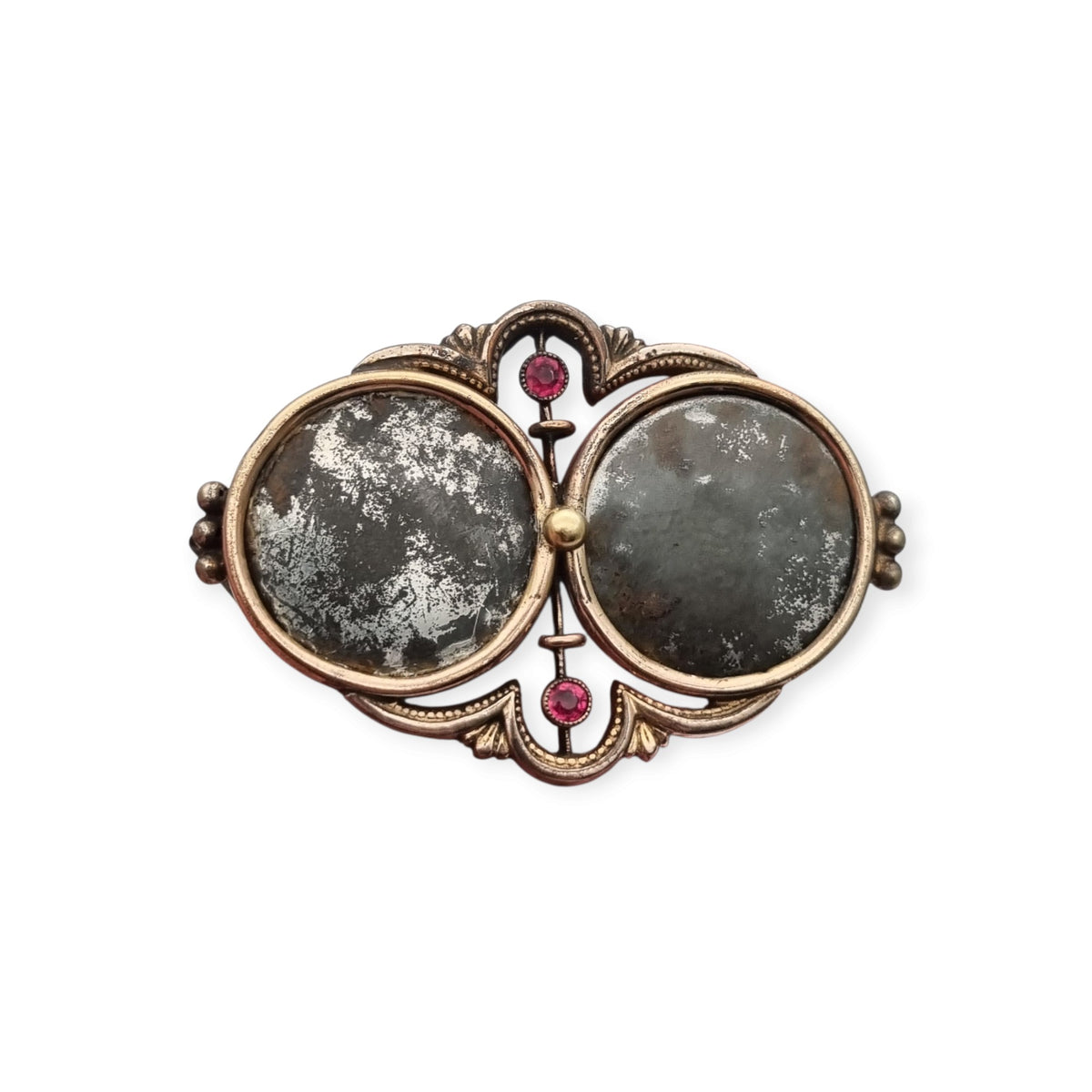 Antique Victorian Gold Double Photo Locket Brooch, Hair Jewelry with Red Stones, ca. 1870–1890