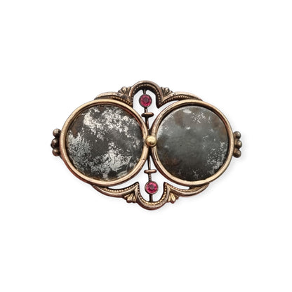 Antique Victorian Gold Double Photo Locket Brooch, Hair Jewelry with Red Stones, ca. 1870–1890
