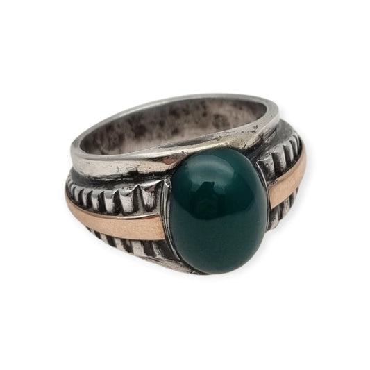 Vintage Men's Classic Silver Ring with Green Chalcedony and Gold Accents, 1960s–70s