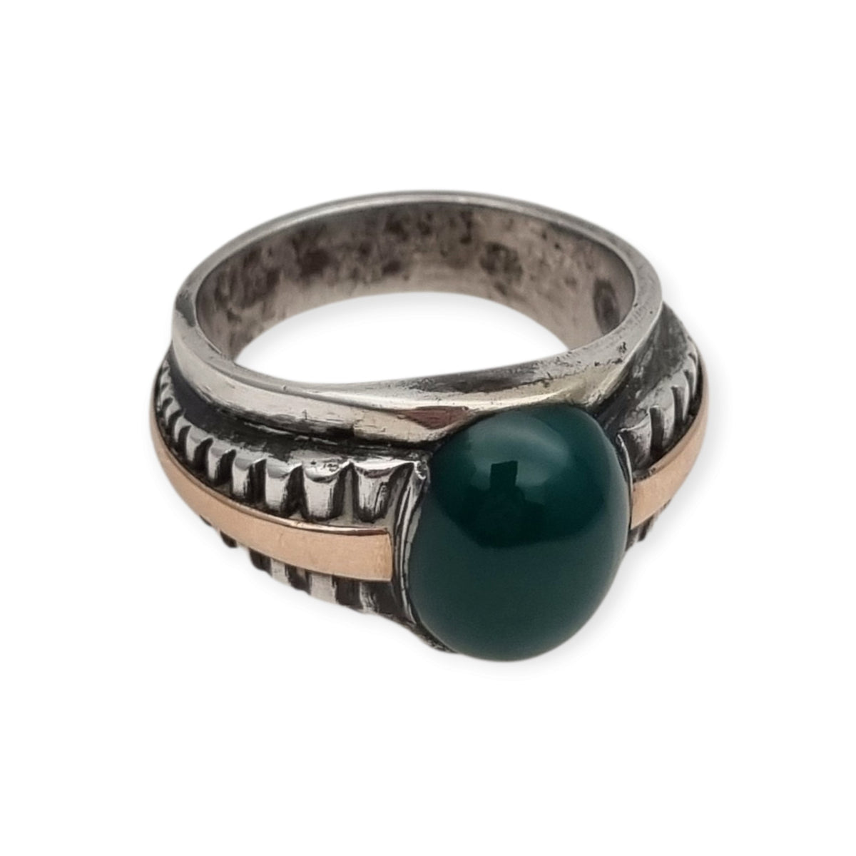 Vintage Men's Classic Silver Ring with Green Chalcedony and Gold Accents, 1960s–70s