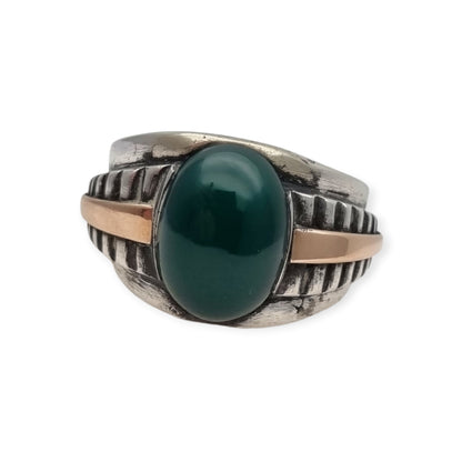 Vintage Men's Classic Silver Ring with Green Chalcedony and Gold Accents, 1960s–70s