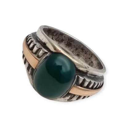 Vintage Men's Classic Silver Ring with Green Chalcedony and Gold Accents, 1960s–70s
