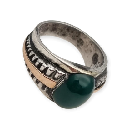Vintage Men's Classic Silver Ring with Green Chalcedony and Gold Accents, 1960s–70s