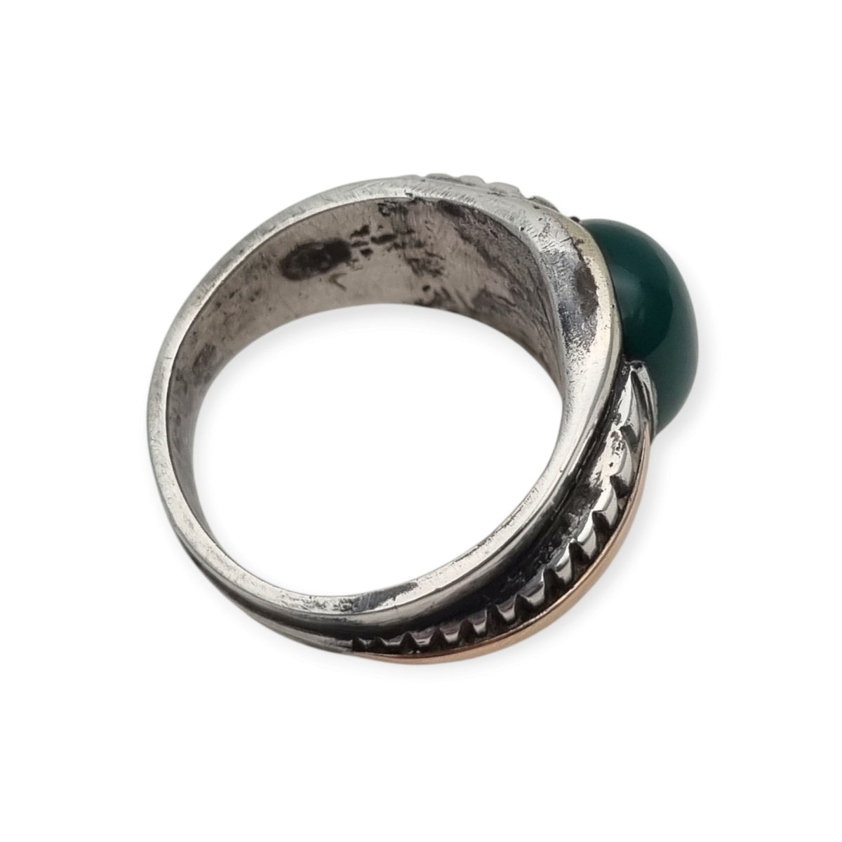 Vintage Men's Classic Silver Ring with Green Chalcedony and Gold Accents, 1960s–70s