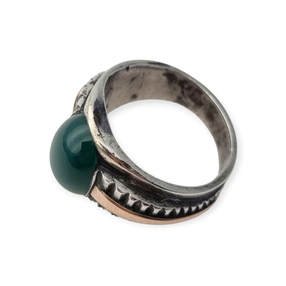 Vintage Men's Classic Silver Ring with Green Chalcedony and Gold Accents, 1960s–70s