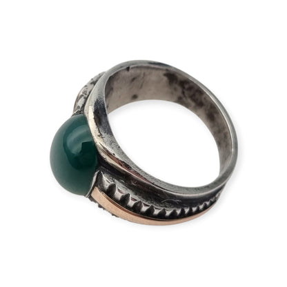 Vintage Men's Classic Silver Ring with Green Chalcedony and Gold Accents, 1960s–70s