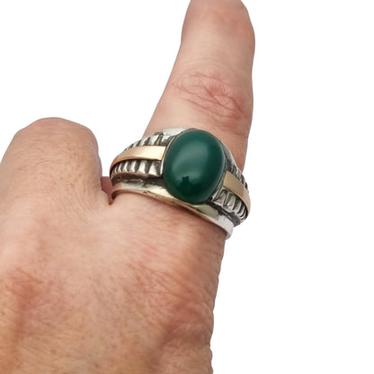Vintage Men's Classic Silver Ring with Green Chalcedony and Gold Accents, 1960s–70s