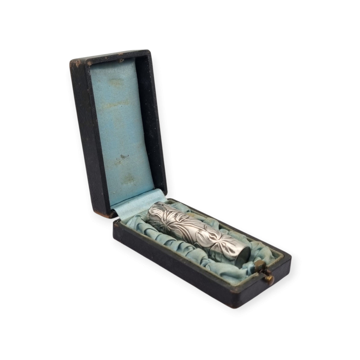 Perfumero Antiguo Art Nouveau de Plata con Decoración Floral en su Estuche, circa 1900