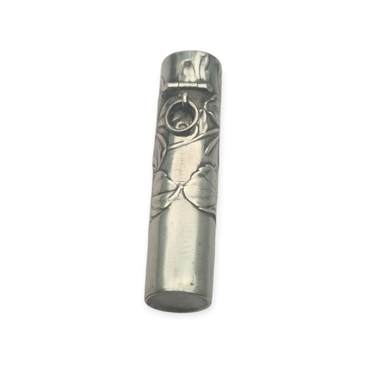 Perfumero Antiguo Art Nouveau de Plata con Decoración Floral en su Estuche, circa 1900