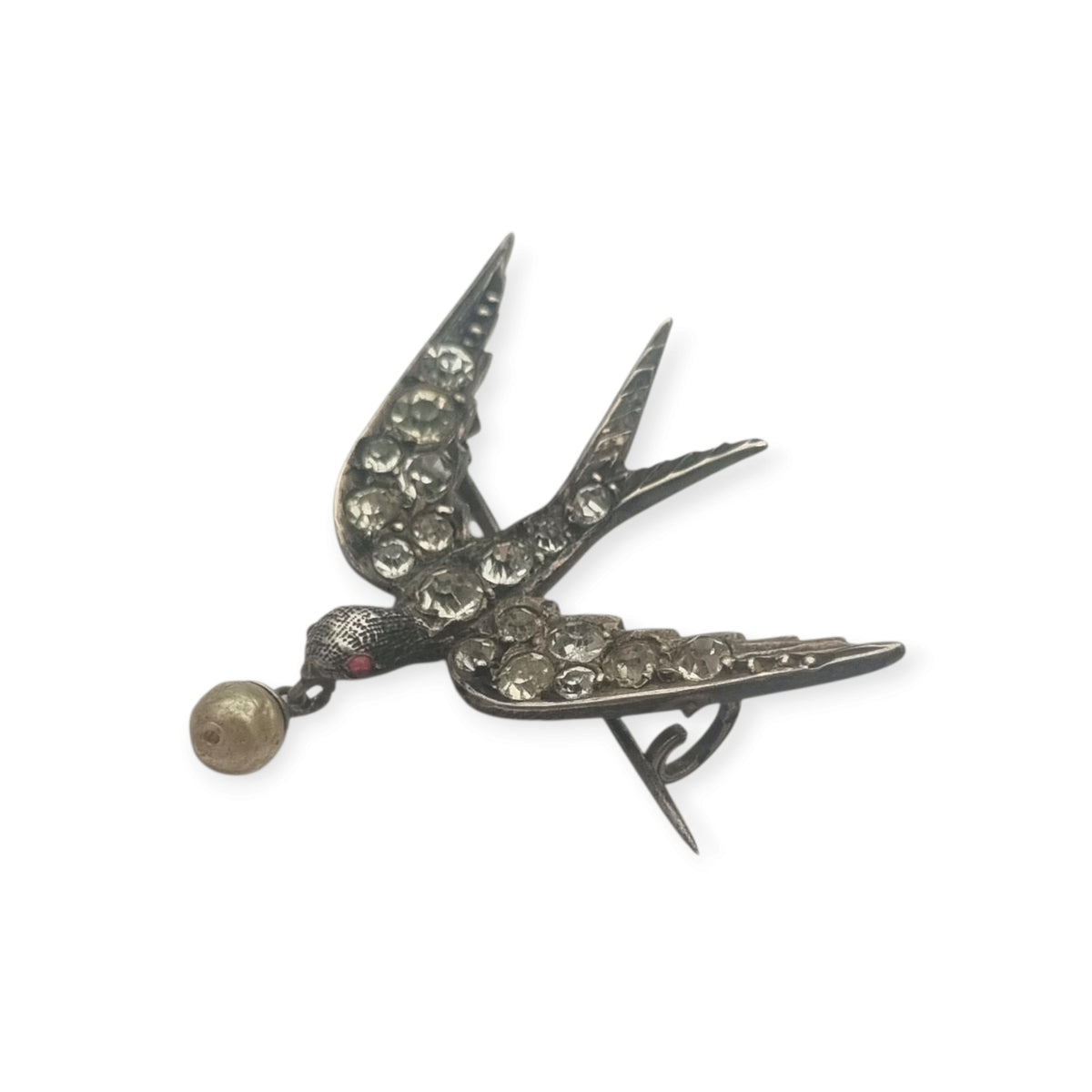 Broche Antiguo Sentimental Victoriano Golondrina de Plata con Pasta Vítrea y Perla, circa 1900