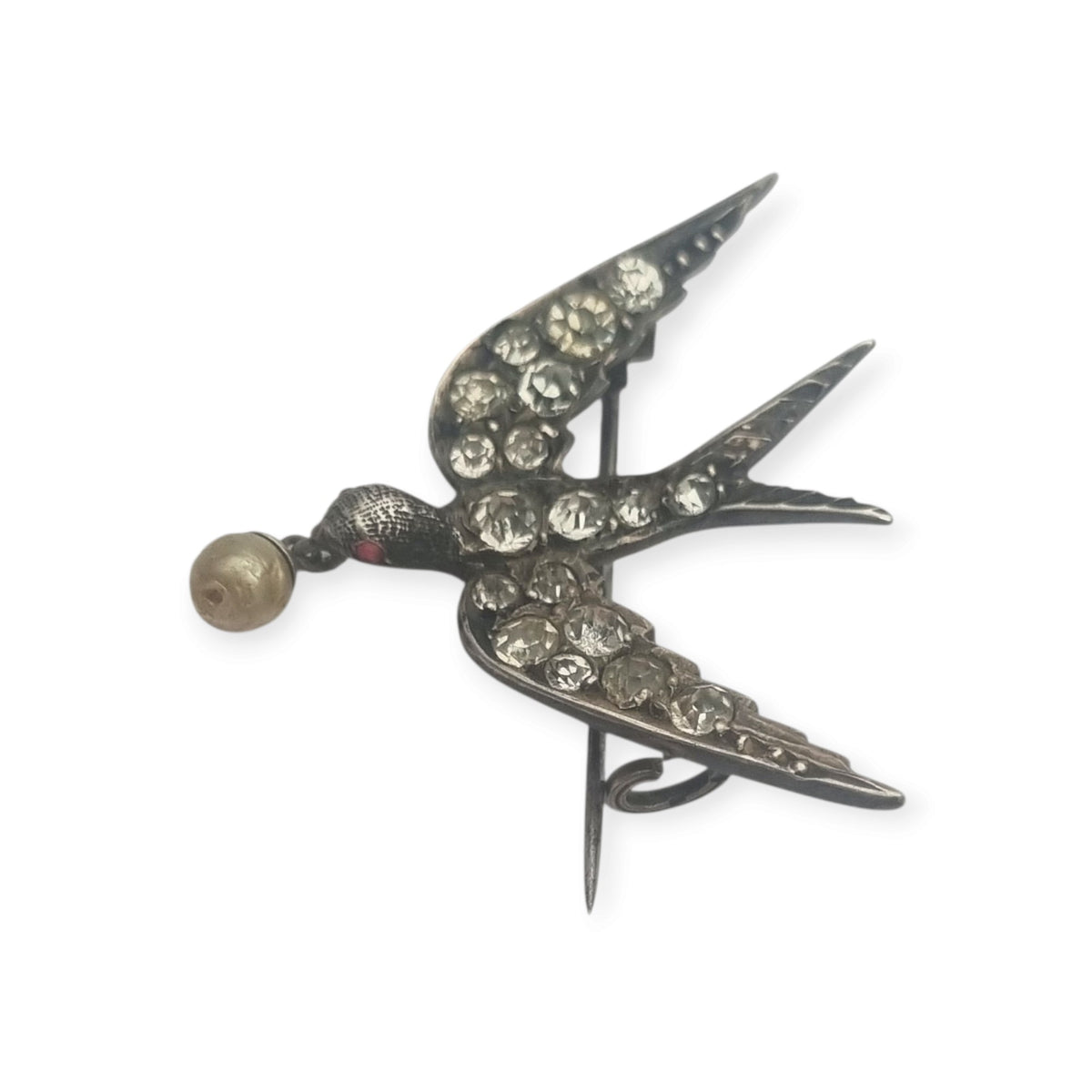 Broche Antiguo Sentimental Victoriano Golondrina de Plata con Pasta Vítrea y Perla, circa 1900