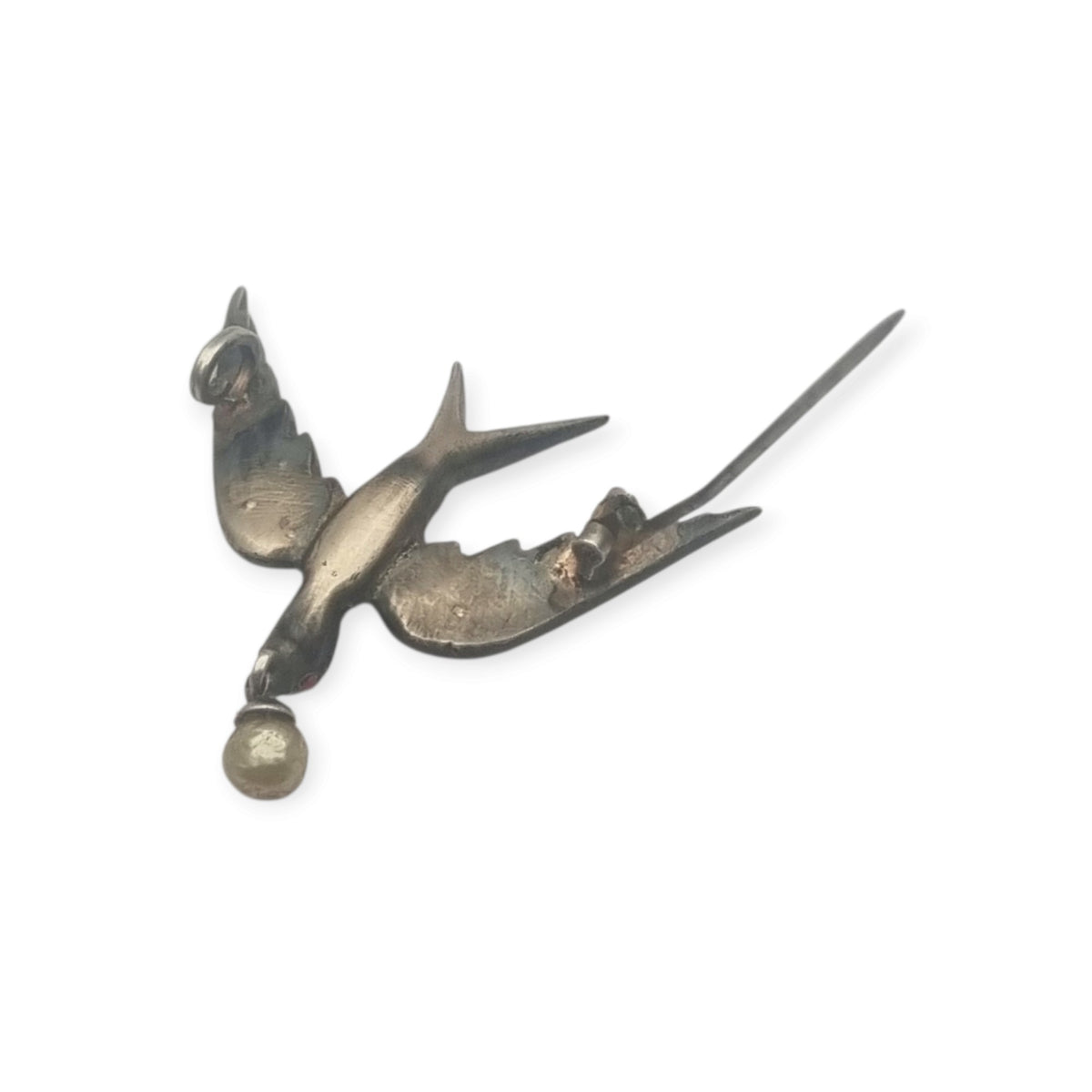 Broche Antiguo Sentimental Victoriano Golondrina de Plata con Pasta Vítrea y Perla, circa 1900