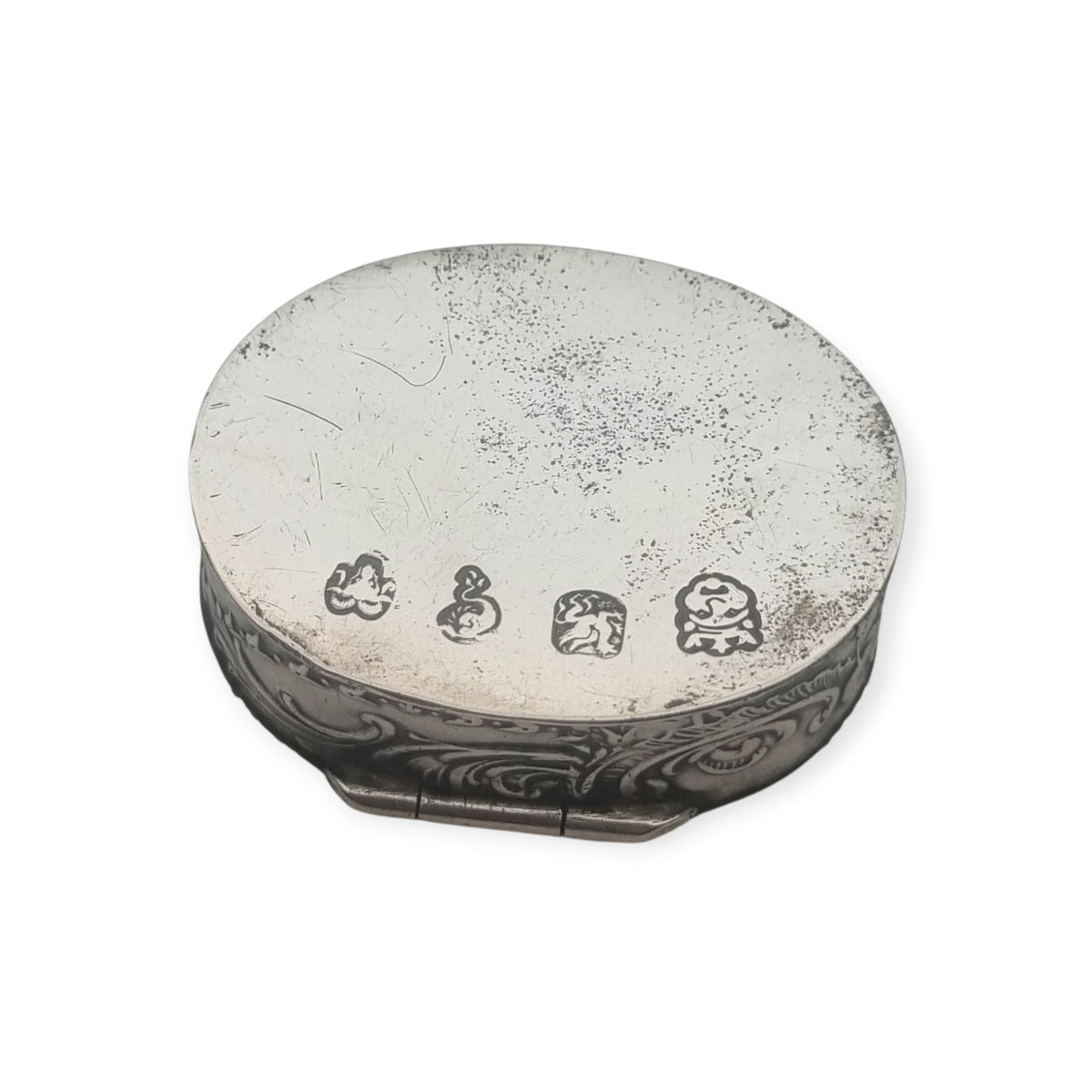 Caja antigua historicista de plata de Hanau con escena pastoril, Alemania, circa 1900