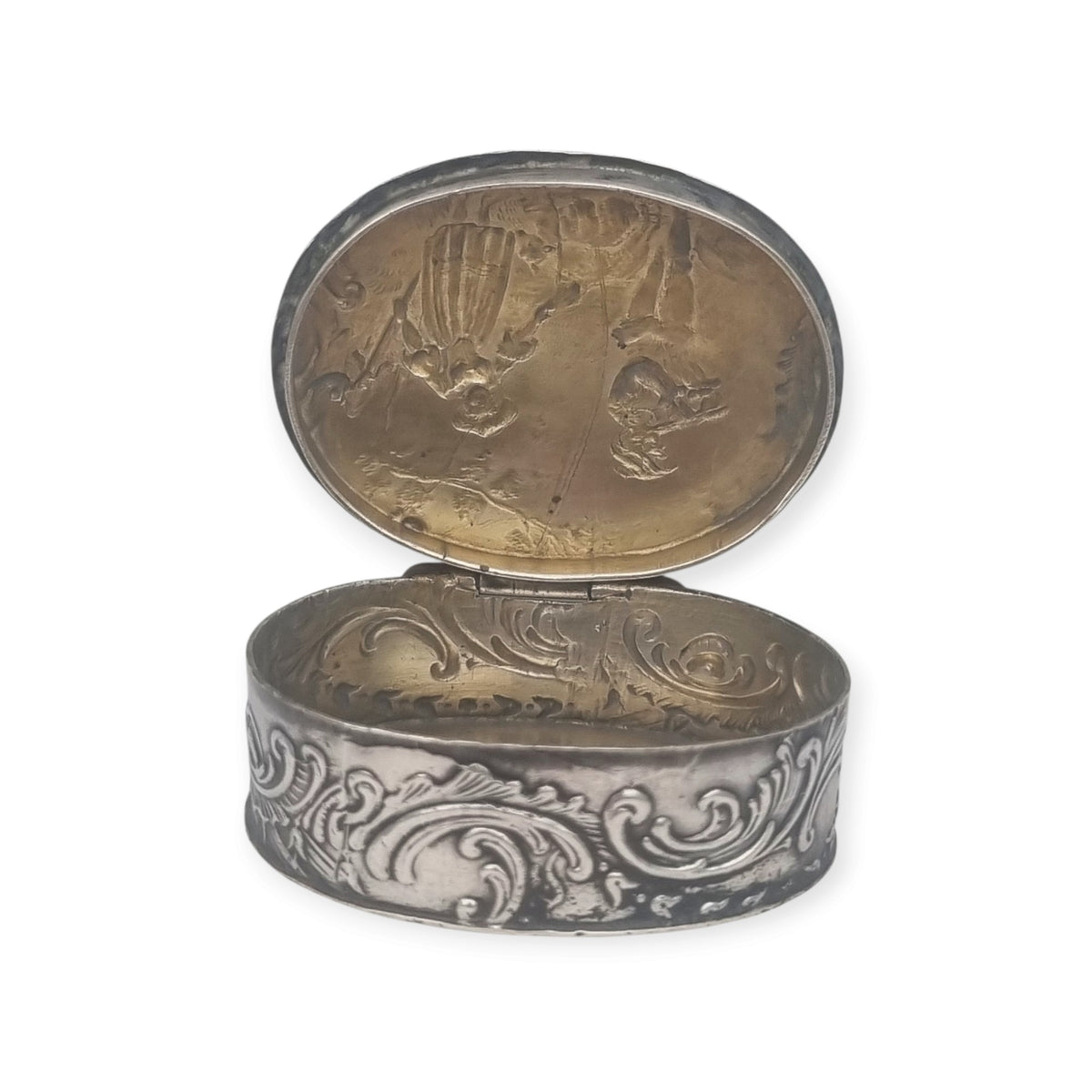 Caja antigua historicista de plata de Hanau con escena pastoril, Alemania, circa 1900