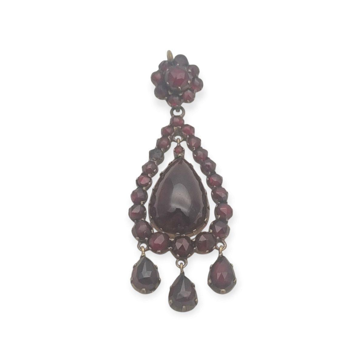 Colgante antiguo victoriano de pedrería granate y metal dorado, tipo girándola, circa 1900
