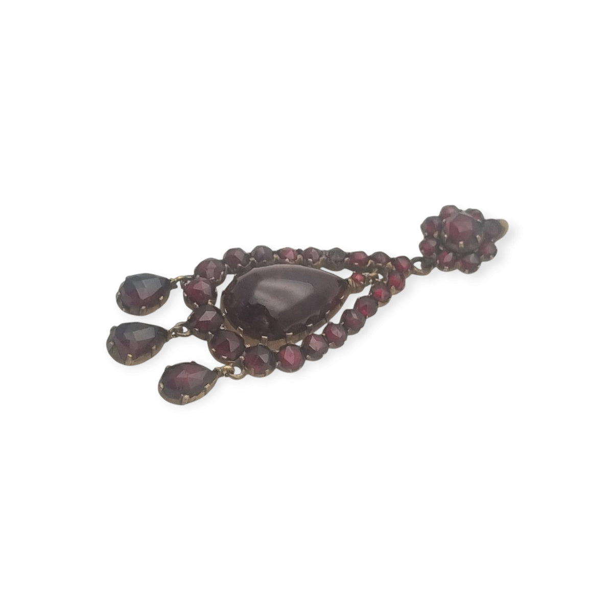 Colgante antiguo victoriano de pedrería granate y metal dorado, tipo girándola, circa 1900