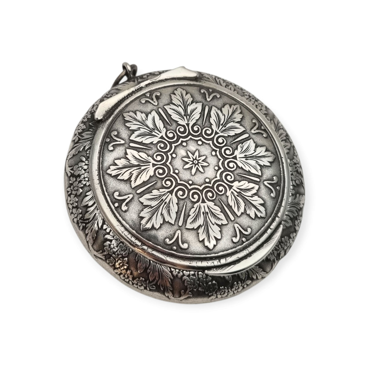 Caja antigua de plata francesa para chatelaine con decoración floral, ca. 1910–1930