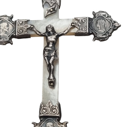 Antique silver and mother-of-pearl crucifix with religious medallions, Belle Époque, circa 1900