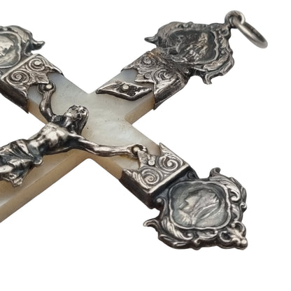 Antique silver and mother-of-pearl crucifix with religious medallions, Belle Époque, circa 1900