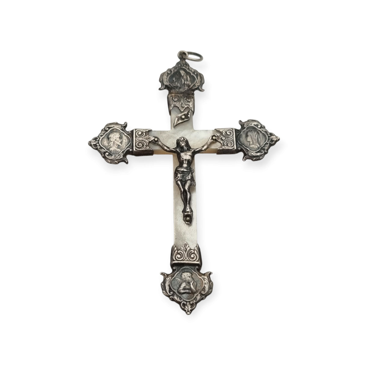 Antique silver and mother-of-pearl crucifix with religious medallions, Belle Époque, circa 1900